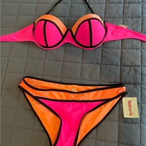 2 piece neon orange/pink bikini NWT